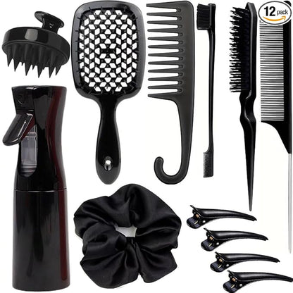 12 Pcs Hair Styling Brush Set with Detangler, Teasing, Rat Tail, Edge Brushes and Baby Hair Brushes - Soft Bristles for Baby Girls and Women (Black)
