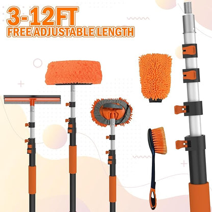 LAANPOLE 12FT Car Wash Brush with Long Handle, Car Cleaning Kit with Soft Bristle Wash Brush, Microfiber Cleaning Mop, Window Squeegee, Mitt, Wheel Brush for RV, Truck, Boat, House Siding