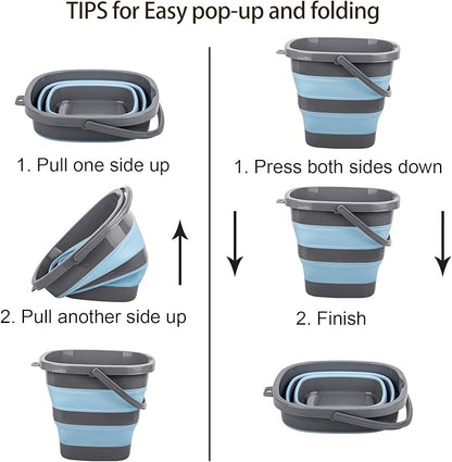 2 Pack Collapsible Plastic Bucket with 2.6 Gallon (10L) Each, Foldable Rectangular Tub for House Cleaning, Space Saving Outdoor Waterpot for Garden or Camping, Portable Fishing Water Pail