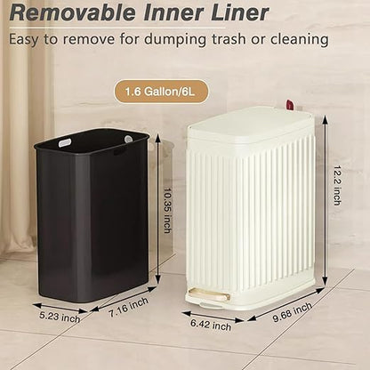 Small Bathroom Trash Can with Air Freshener Soft Close Lid, 6 Liter/ 1.6 Gallon Stainless Steel Garbage Can with Removable Inner Bucket,Step Pedal, Slim Wastebasket for Bedroom, Toilet (Ivory White)