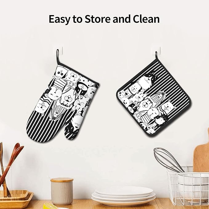 Dog Pot Holders and Oven Mitts - Black Cooking Gloves Hot Pads for Kitchen Fun Chef Gifts for Cooking Lover Cooks