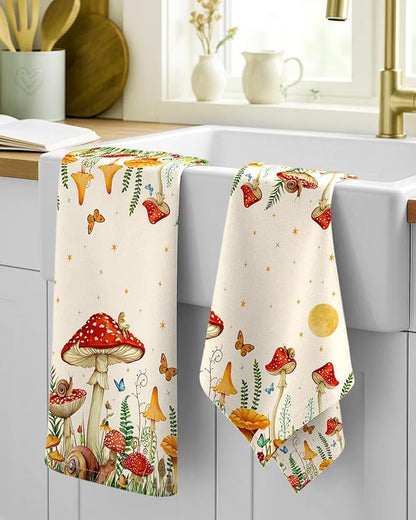 Miss Adola Flour Sack Kitchen Towels - Set of 2 Spring Dish Towels with Hanging Loop 18x26 Inch Absorbent Reusable Cotton Cloths for Cleaning Cute Design Home Decorative Housewarming, Mushroom Moon