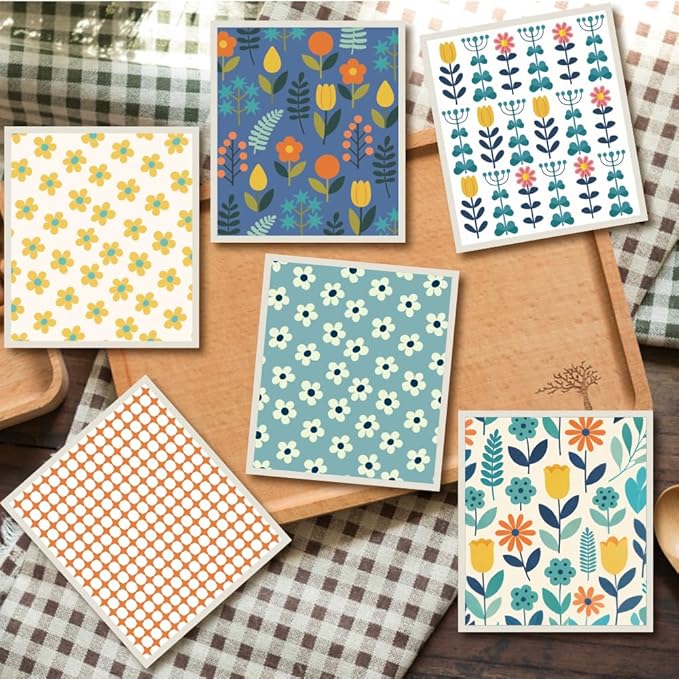 6Pcs 6 Styles Swedish Dishcloths for Kitchen Reusable Quick Drying Sponge 7.7 x 6.8 Inch Countertop Cleaning, Floral Dish Cloths Absorbent Decorative Towels for Dishes Home Tableware Use