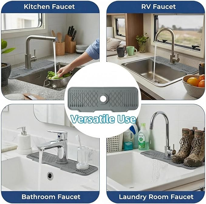 Silicone Faucet Handle Drip Catcher Beveled Drying Tray Mat Dish Soap Sponge Holder Accessories Gadgets for Kitchen Counter Bathroom Kitchen Sink Splash Guard (16.9")