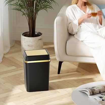 3 Pack Bathroom Trash Can with Lid 4 Gallon Small Trash Can with Press Top Lid Black and Gold Bathroom Garbage Can with 150 Counts Trash Bags for Kitchen Bedroom Office