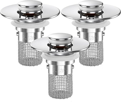 Bathroom Sink Drain Strainer, Pop-up Sink Drain Strainer with Removable Stainless Steel Strainer Basket Hair Catcher, Bathroom Sink Strainer for Bathroom Sink Stopper Replacement (3PCS)