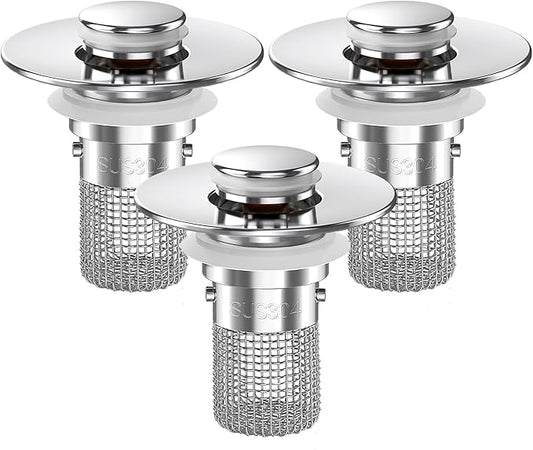 Bathroom Sink Drain Strainer, Pop-up Sink Drain Strainer with Removable Stainless Steel Strainer Basket Hair Catcher, Bathroom Sink Strainer for Bathroom Sink Stopper Replacement (3PCS)