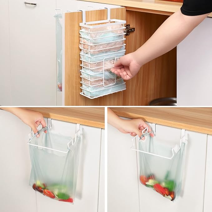 KES Trash Bag Holder Over the Cabinet Door Organizer, Kitchen Plastic Bags Holder Metal Garbage Bag Holders Over the Door White, KUR525-WH