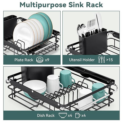 Over the Sink Dish Drying Rack,In Sink Dish Drying Racks,Expandable Dish Rack Over Sink Counter,Adjustable Dish Drainer for Inside Sink with Utensil Holder, Stainless Steel Dish Strainer Large Size