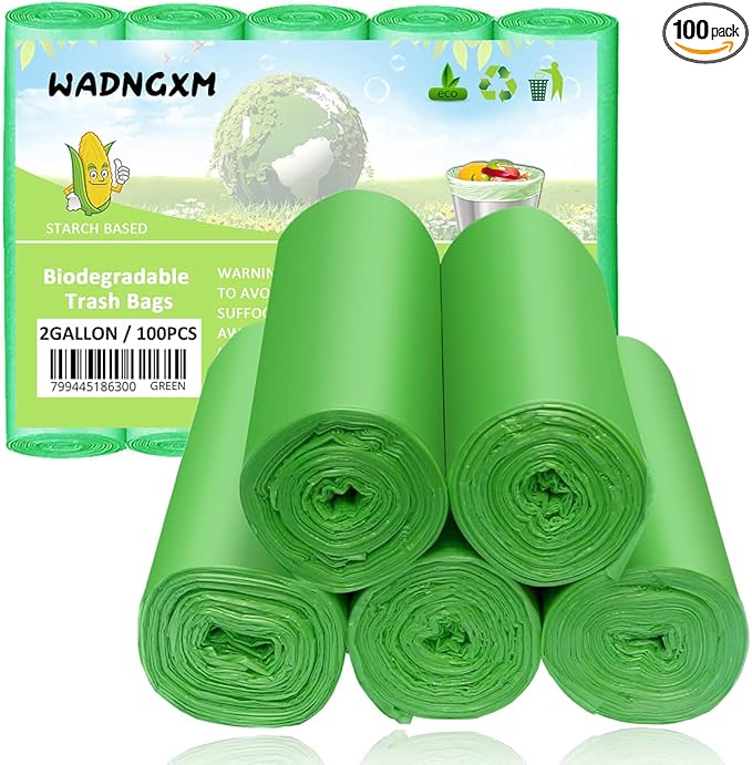 2 Gallon Compostable Trash Bags Small Biodegradable Garbage Bags 7.5 Liters Wastebasket Trash Liners for Bathroom Office Bedroom, Green 100 Counts