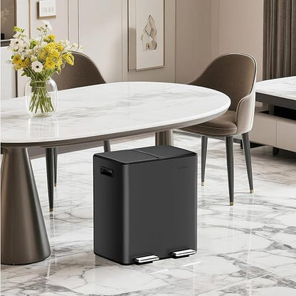 mVm Dual Trash Can, 10.6 Gal (2x5.3Gal) Kitchen Trash Can with Thick Lids, 2 Compartment Stainless Steel Recycle Bin for Home Kitchen Office (Black)