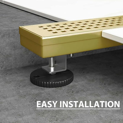 SaniteModar Linear Shower Drain, Gold Shower Drain 24 inch with Removable Grate,Brushed 304 Stainless Steel Linear Drain with Hair Strainer & Leveling Feet