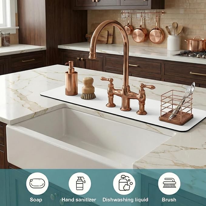 Customizable Kitchen Sink Faucet Mat: 24"Lx4"W Absorbent Sink Edge Protector & Bathroom Counter Protector - Quick Drying Splash Guard Cut to Fit 2, 3, 4 Holes Faucet, Soap Dispenser & Irregular Sink