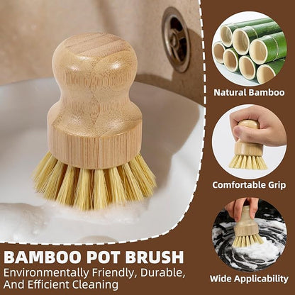 SAMEBUTECO 6-Piece Bamboo Dish Brush Set with 2X Fast-Dry Stainless Steel Holder,3xNatural Sisal Bristle Brush & 1xPalm Bristle Kitchen Cleaning Brushes for Dishes, Pots, Pans & Sink