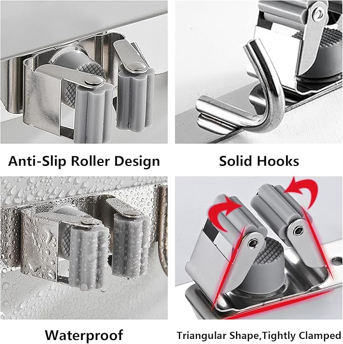 Broom Mop Holder Wall Mount Broom Hanger Wall Mounted Metal Organization Garage Storage Garden Kitchen Tool Organizer With 4 Racks and 5 Hooks (Silver, 1 Pack 4R5H)
