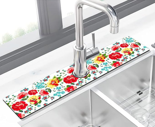 Kitchen Sink Splash Guard Faucet Mat Super Absorbent Fast Drying Mat Sink Gadgets Splash Guard Behind Faucet Drip Catcher for Kitchen (Beautiful Flower, 23.5x5.5in)