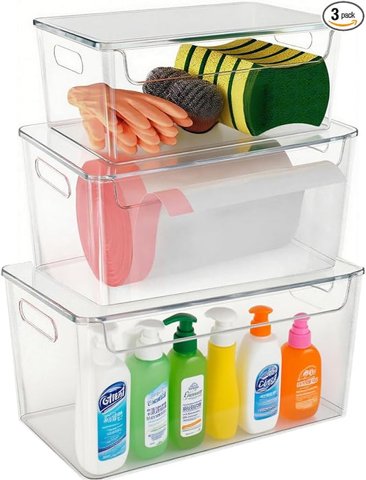 3 Pack Trash Bag Organizer Under Sink, Stackable Plastic Garbage Bags Holder with Lid, Trash Bag Dispenser Roll Storage for Kitchen, Pantry & Laundry Room Organization