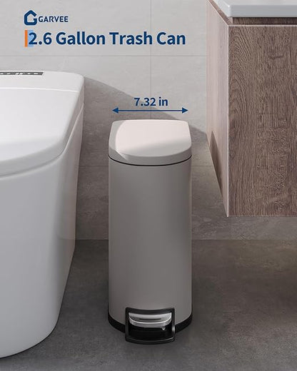 Garvee 2.6 gal / 10 L Metal Bathroom Trash Can with Lid, Slim Waterproof Garbage Can for Bedroom, Small Step-on Trash Bin with Inner Bucket, Rear Handle, Soft Close Lid, Grey