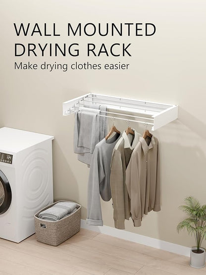JOOM Laundry Drying Rack Collapsible, Wall Mounted Clothes Drying Rack, Retractable Drying Rack, 31.5" Wide, 5 Aluminum Rods, 60 lb Capacity (White 31.5")