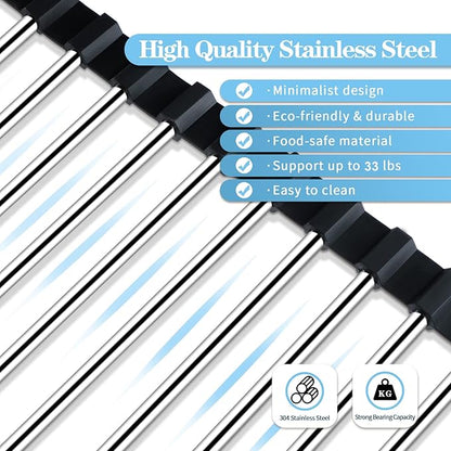 Seropy Roll Up Dish Drying Rack Over The Sink for Kitchen Sink Drying Rack Folding Dish Drainer Mat Rolling Dish Rack Sink Rack Stainless Steel Kitchen Dry Rack Black 17.5x15.7 Inch