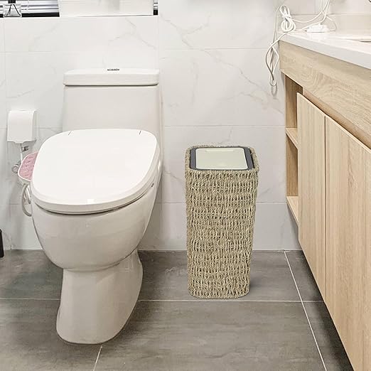 Trongee Boho Trash Can with Lid,3 Gallon Small Rattan Trash Can with Press Top Lid,Slim Wicker Waste Basket and Hamper 2 in 1 for Bathroom,Seagrass Woven Garbage Can Trash Basket for Bathroom,Kitchen