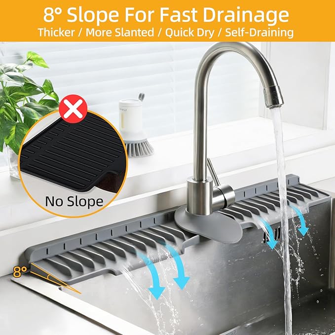 24" Silicone Sink Mat for Kitchen(Released in 2026) – 8° Slope for Quick Self-draining,Sink Splash Guard Behind the Faucet for Kitchen&Bathroom Area, Narrow Water Splash Guard Easy to Clean (Grey)