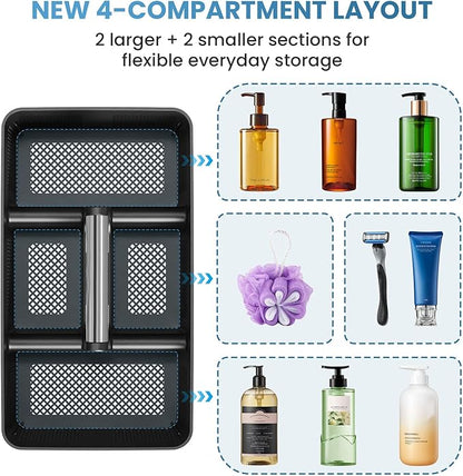 BYUNER 2Pack Plastic Shower Caddy: Portable Hard Bathroom Basket Tote with Handle, 4 Divided Compartments, All-Side Drainage, Non-Mesh Shower & Cleaning Caddy Organizer for College Dorm, Black/Silver