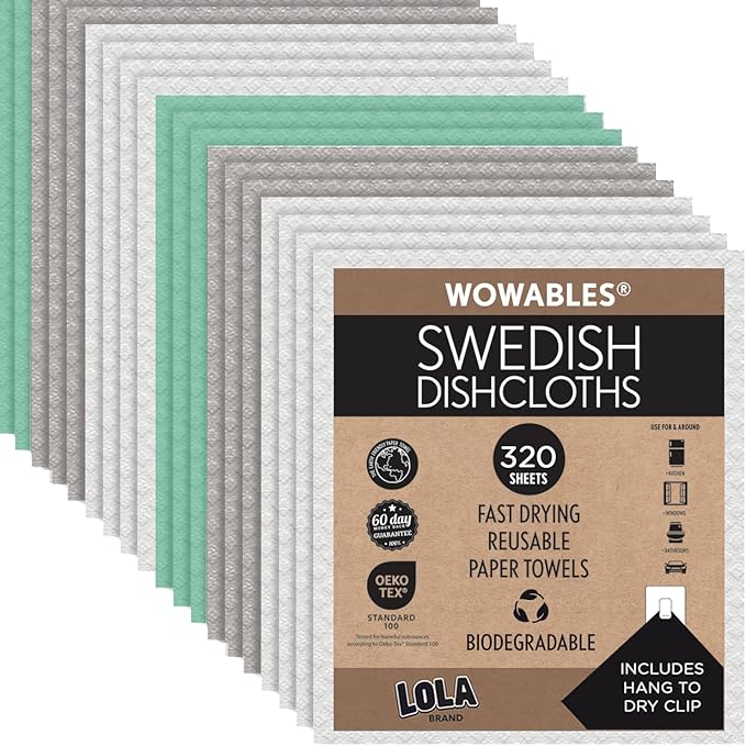 LOLA Swedish Dishcloths for Kitchen 320 Sheets, Biodegradable Compostable Reusable Paper Towel Cleaning Cloths No Odor Washing Dishes Ultra Absorbent Cellulose Sponge Towel Made in Germany