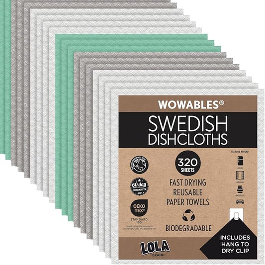 LOLA Swedish Dishcloths for Kitchen 320 Sheets, Biodegradable Compostable Reusable Paper Towel Cleaning Cloths No Odor Washing Dishes Ultra Absorbent Cellulose Sponge Towel Made in Germany