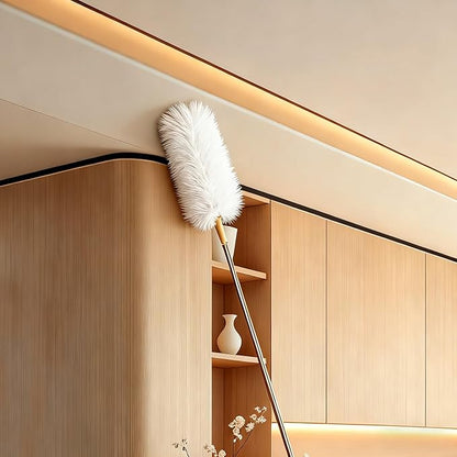 White Lambswool Extendable Duster, 32-98 Inch Bendable Wool Head with Anti-Static Properties and Stainless Steel Extension Pole for Ceiling Fans, High Walls, and Roof Dusting(Two Pack)