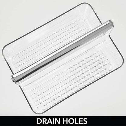 mDesign Plastic Shower Caddy Storage Organizer Utility Tote, Divided Basket Bin - Metal Handle for Bathroom, Dorm, Kitchen, Holds Soap, Shampoo, Conditioner - Aura Collection - Clear/Chrome