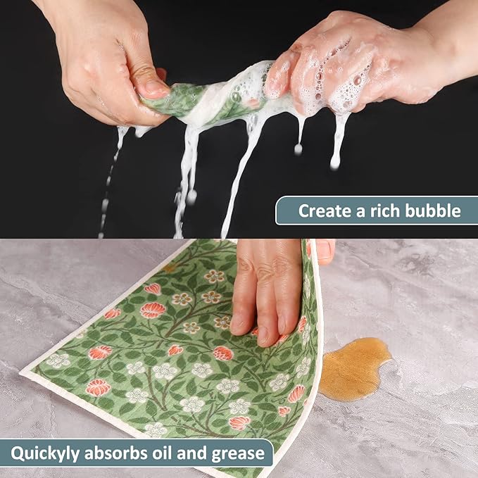 Quera William Morris Swedish Kitchen Dishcloth Vintage Floral Absorbent Cotton Kitchen Dish Towel for Party Home Housewarming Cleaning Counter Wipes 6.7 x 7.7 Inch, 6Pcs