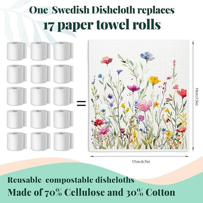 Flowers Swedish Dishcloths for Kitchen, Papaya Reusable Paper Towels, 4 Pack Wildflowers Watercolor Dish Cloths, Washable