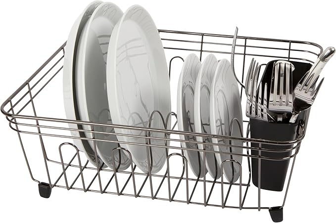 Oggi Compact Dish Drying Rack - Black Steel Drainer, Racks for Kitchen Counter, Durable Coated Steel Kitchen Dryer with Cutlery Holder