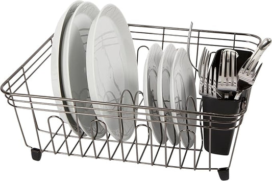 Oggi Compact Dish Drying Rack - Black Steel Drainer, Racks for Kitchen Counter, Durable Coated Steel Kitchen Dryer with Cutlery Holder