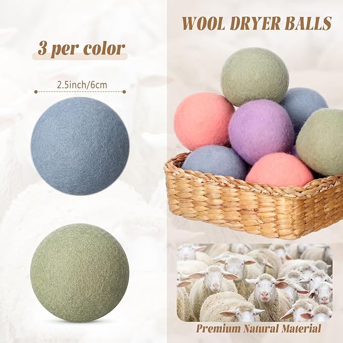 13 Pcs Wool Dryer Balls 2.5 Inch 4 Colors Laundry Balls for Dryer Reusable Natural Fabric Softener with Bags Reduce Wrinkles Static Drying Time Clothes Laundry