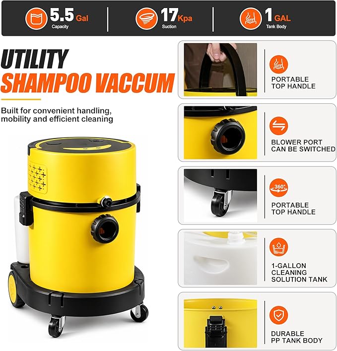 Shop Vacuum Wet and Dry Cleaner, 6 Gallon 5.5 Peak HP Wet Dry Vac, 5 in 1 Portable Shop Vacuum Wet and Dry with a Soap Tank, Filters, Dust Bag, Hose and Attachments for Home, Car, Garage, 208