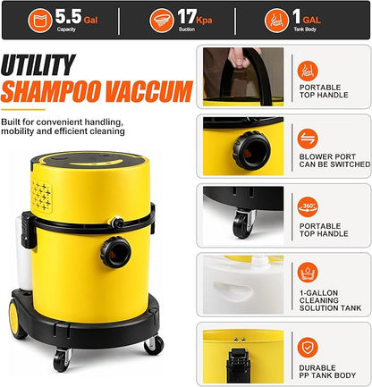 Shop Vacuum Wet and Dry Cleaner, 6 Gallon 5.5 Peak HP Wet Dry Vac, 5 in 1 Portable Shop Vacuum Wet and Dry with a Soap Tank, Filters, Dust Bag, Hose and Attachments for Home, Car, Garage, 208