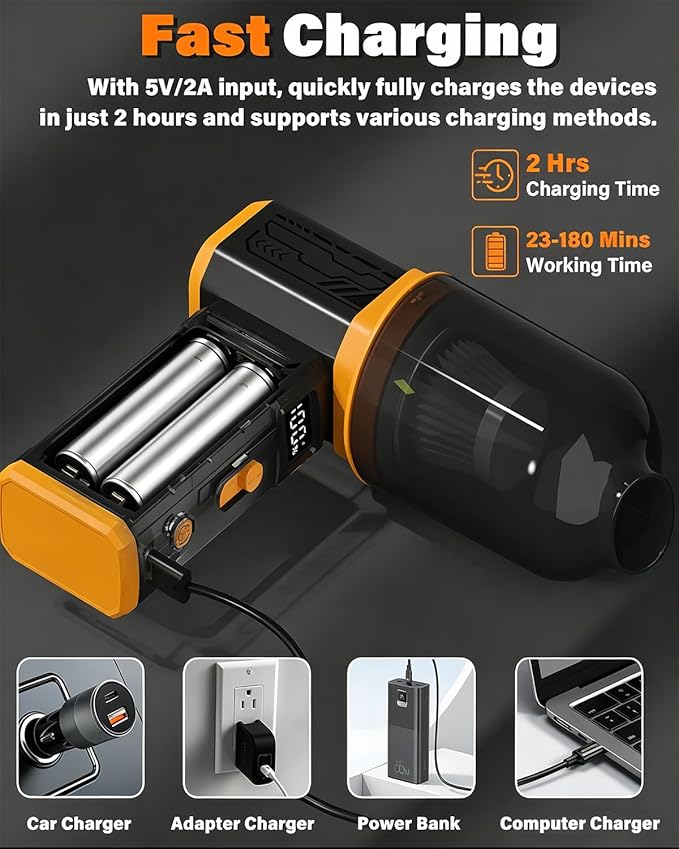 Compressed Air Duster, 130K RPM Powerful Cordless Mini Blower with Display, 10-Gear Adjustable Car Vacuum with Fast Charging, Rechargeable Handheld Vacuum for Home, Outdoor and Car (Black, 2-in-1)