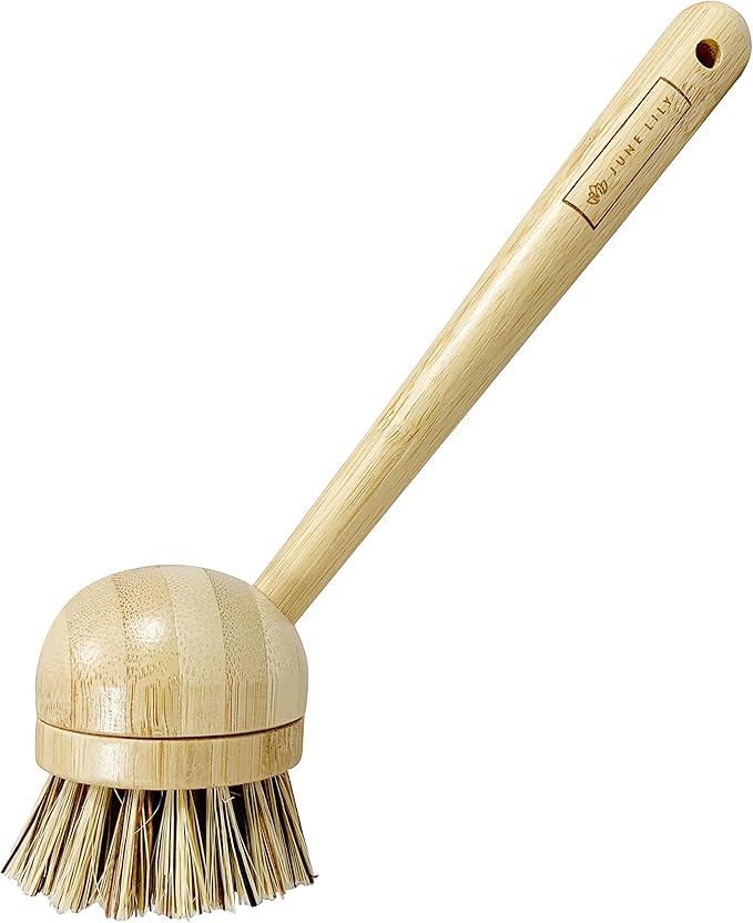 JuneLily Long Coconut Dish Brush Plant-Based Vegan for Kitchen Bathroom Cleaning Produce Washing Dishes (Long Dish Brush)