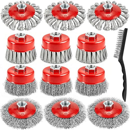 13-Pack Wire Wheel Brush for 4-1/2 Inch Angle Grinder, Heavy Duty Carbon Steel Knotted & Crimped Wire Wheels & Cup Brushes Set, Fits 5/8-11 Arbor Grinder Attachments for Rust & Paint Removal