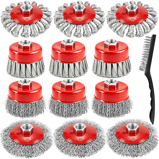 13-Pack Wire Wheel Brush for 4-1/2 Inch Angle Grinder, Heavy Duty Carbon Steel Knotted & Crimped Wire Wheels & Cup Brushes Set, Fits 5/8-11 Arbor Grinder Attachments for Rust & Paint Removal
