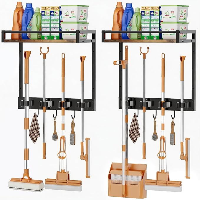 2 Packs Broom Holder Wall Mount with Shelf Load 66LBS Broom and Mop Organizer Wall Hanging Broom Hanger with 4 Mop Hanger Grippers, 3 Hooks for Laundry Room, Garage, Utility Closet, Kitchen