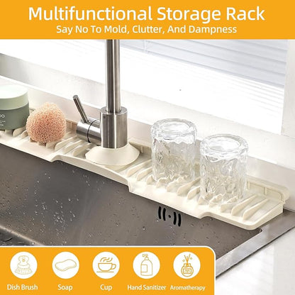 24" Silicone Sink Mat for Kitchen(Released in 2026) – 8° Slope for Quick Self-draining,Sink Splash Guard Behind the Faucet for Kitchen&Bathroom Area, Narrow Water Splash Guard Easy to Clean (Beige)