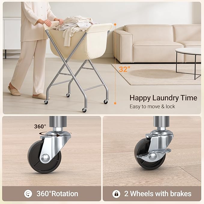 ELYKEN Laundry Cart with Wheels, 32”H Easy Rolling Laundry Hamper with Removable Liner Bag, Sturdy Metal Frame Clothes Basket with 4 Casters and 2 Brakes