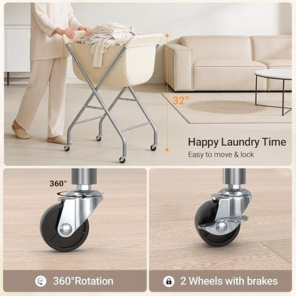 ELYKEN Laundry Cart with Wheels, 32”H Easy Rolling Laundry Hamper with Removable Liner Bag, Sturdy Metal Frame Clothes Basket with 4 Casters and 2 Brakes