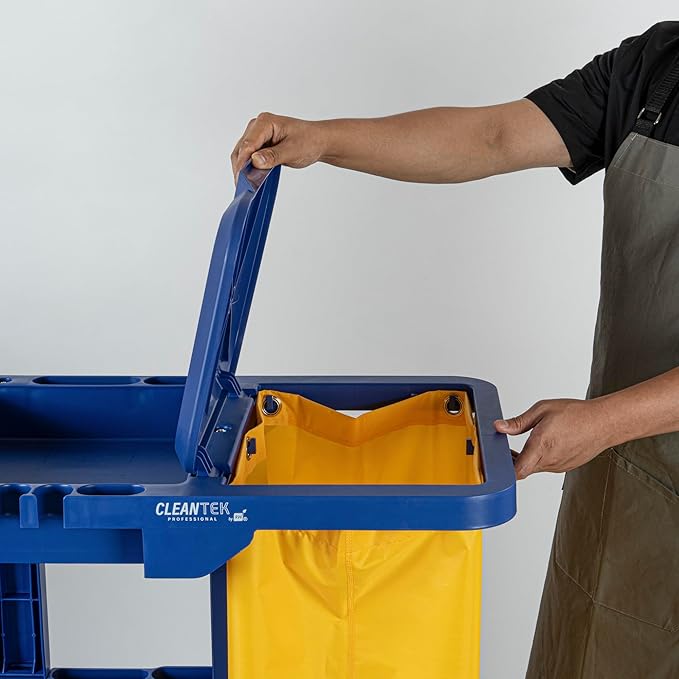 Restaurantware-Clean Tek Professional Janitor Cart with Wheels, 1 Cleaning Trolley with Cover and 18 Gallon Bag - 3 Shelves, Heavy-Duty, Blue Plastic Commercial Janitorial Cart, for Restaurants