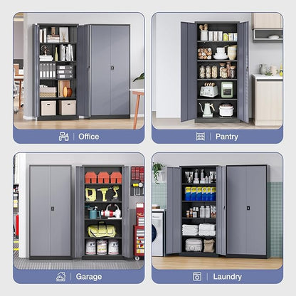72 Inch Metal Cabinet,Locking Storage Cabinet with 2 Doors and 4 Adjustbale Shelves,Steel Tool Cabinet for Garage,Basement,Home Office,Gym(Grey& Black)