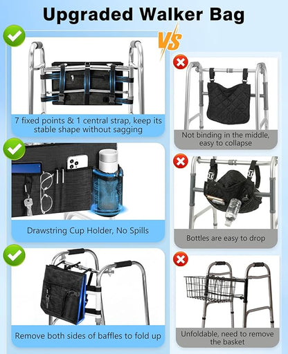 Rhino Valley Walker Bag, Secure Fit Walker Basket with Cup Holder, Large Capacity Foldable Walker Accessories for Seniors, Detachable Folding Walker Pouch Organizer for Older Elderly Gifts, Black