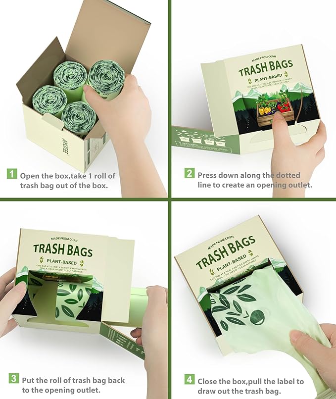 6-8 Gallon kitchen Trash Bags With Handle Tie 60 Packs, AYOTEE Medium TrashBags 8 Gallon Compost Bag 30L For Kitchen Trash Cans, Certified By ASTM D 6866 Unscented Bag for Compost Bin Green